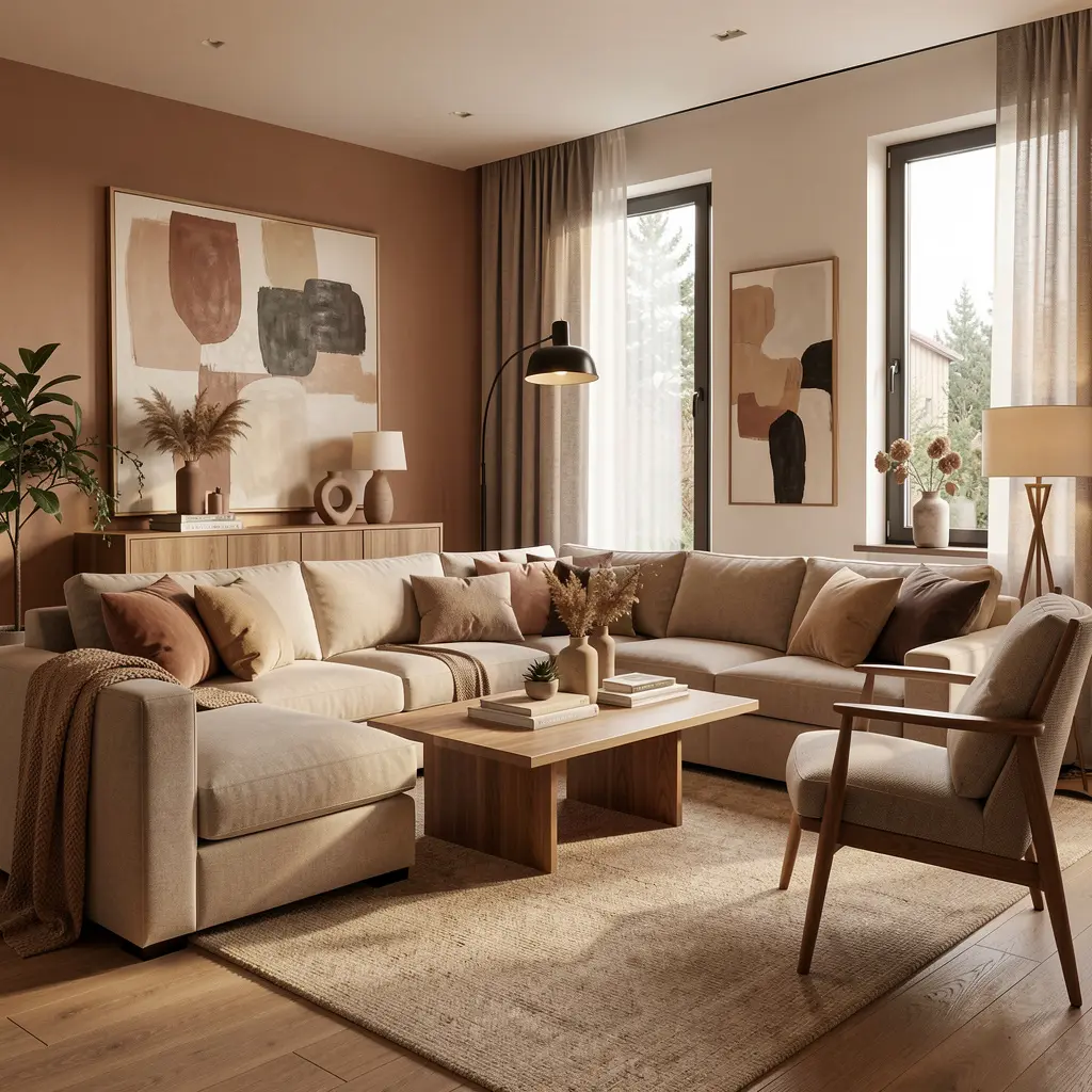 Moderni sisustettu olohuone lämpimissä sävyissä