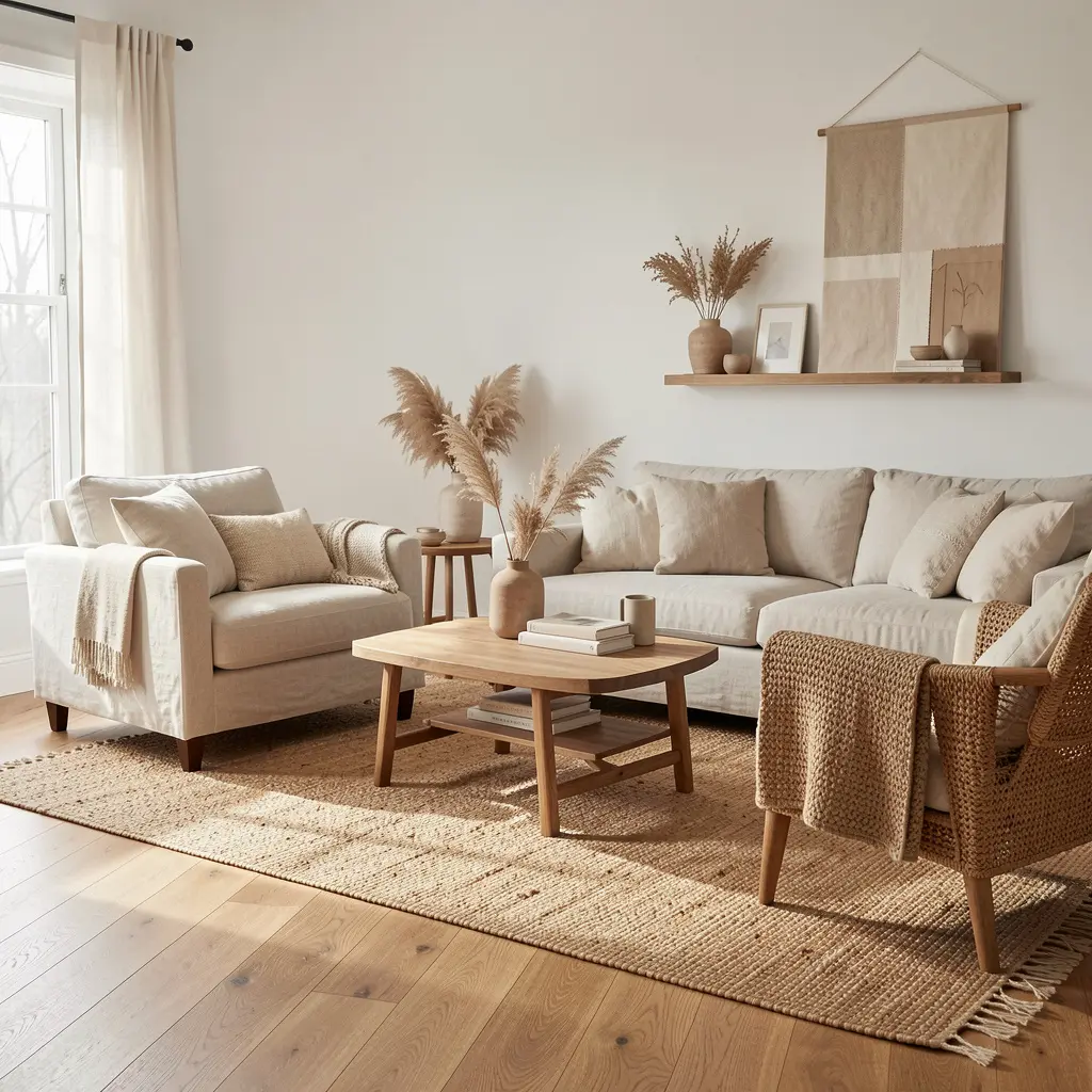 Tyylikäs sisustuskokonaisuus luonnonmateriaaleista