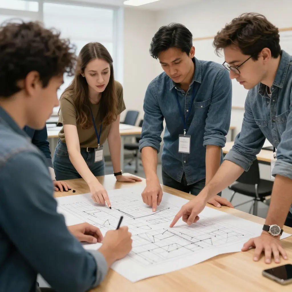 Tiimi työpajassa suunnittelemassa